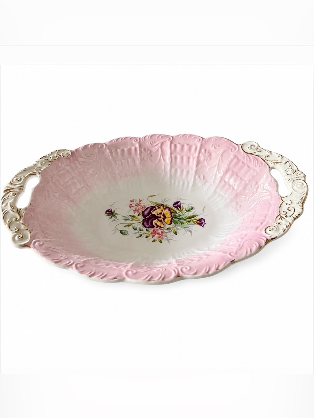 Antique Floral Gilded Handled Bowl Dish